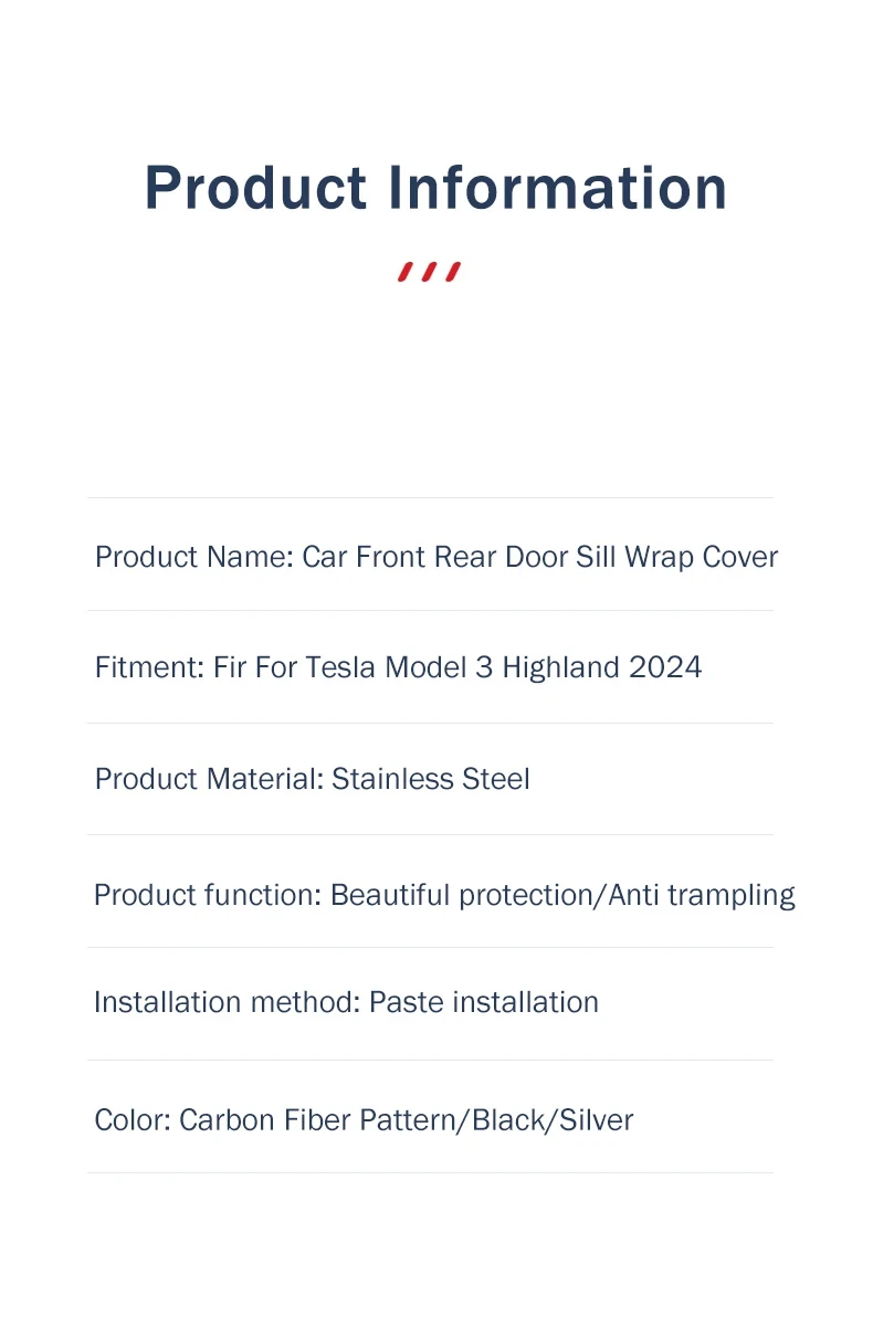 Für Tesla Modell 3 Highland Vorne Hinten Einstiegsleisten Wrap Abdeckung Anti Scratch Edelstahl Tür Sill Streifen Platte Auto Zubehör – Detail 7