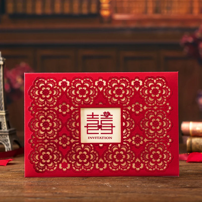 

50Pcs Chinese-style Double Happiness Wedding Invitations Cards Invitaciones De Boda Personalizables