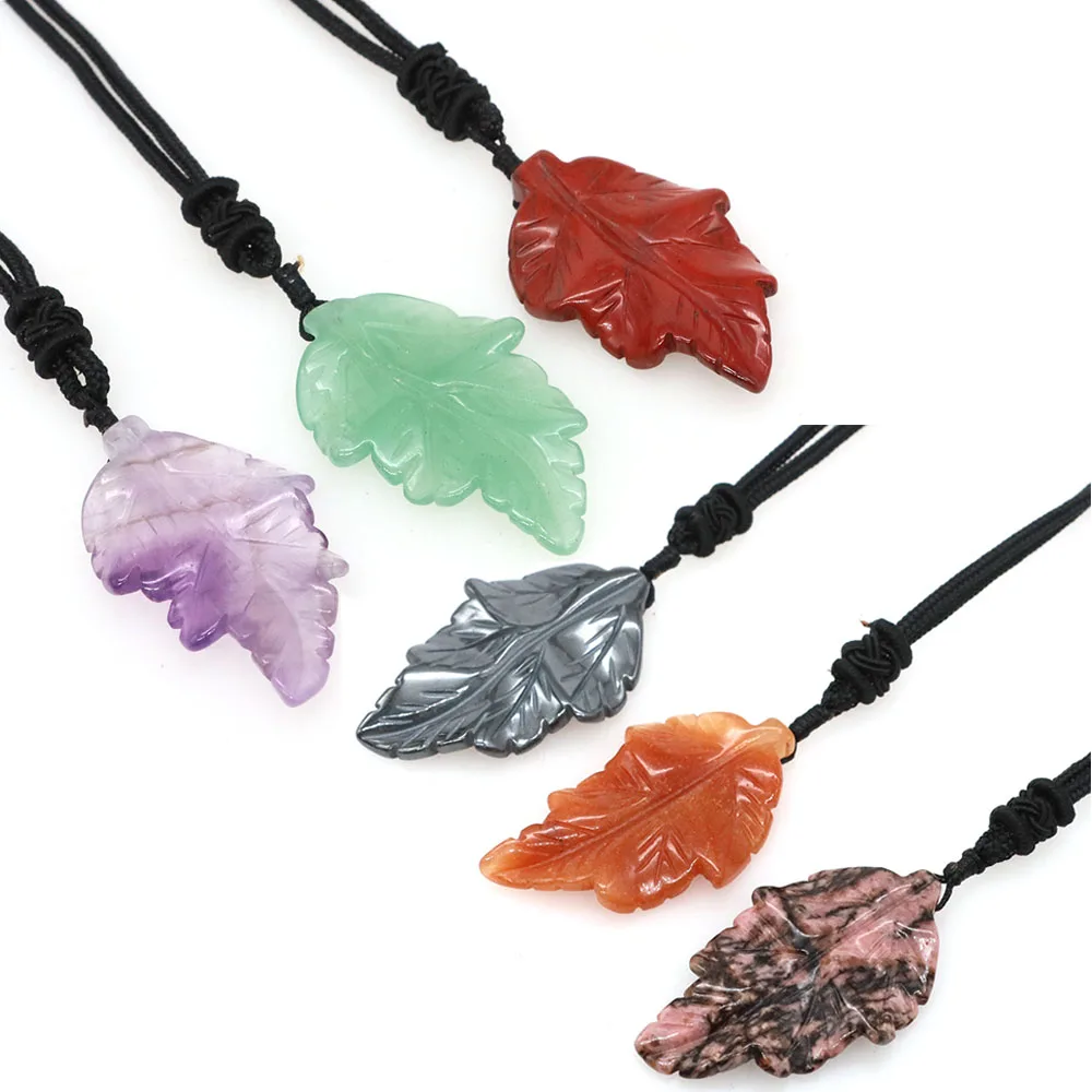 Leaf Shape Gems Stone Pendant For Women Natural Quartz Reiki Crystal Leather Necklace Birthday Wedding Handmade Charming Jewelry