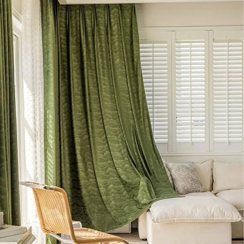 

French olive green curtains light luxury velvet blackout living room window balcony velvet