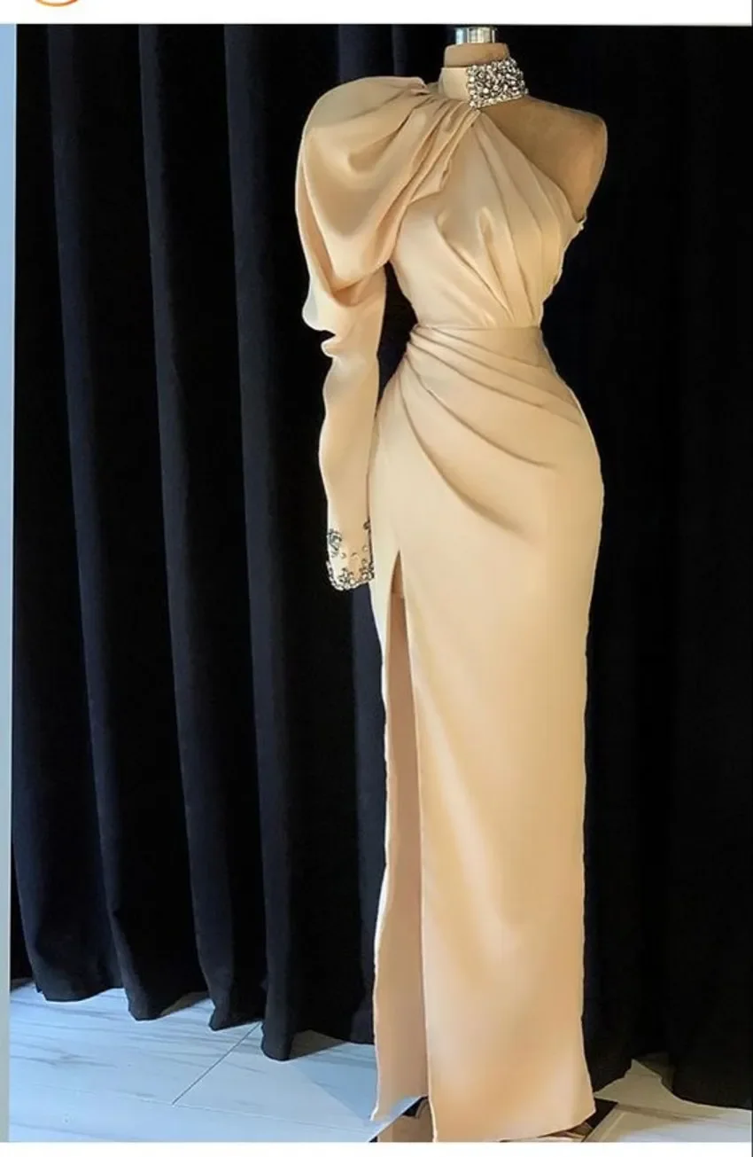 

Customized Mermaid Prom Dresses High Neck Satin Pleats Crystals One Shoulder Long Sleeve Party Formal Birthday Evening Gown