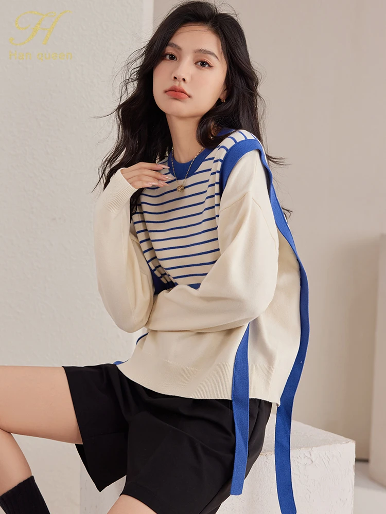 H Han Queen Korean pullovers sweater female autumn winter chic stitching stripes knitwear lazy wind vintage tops Women sweaters