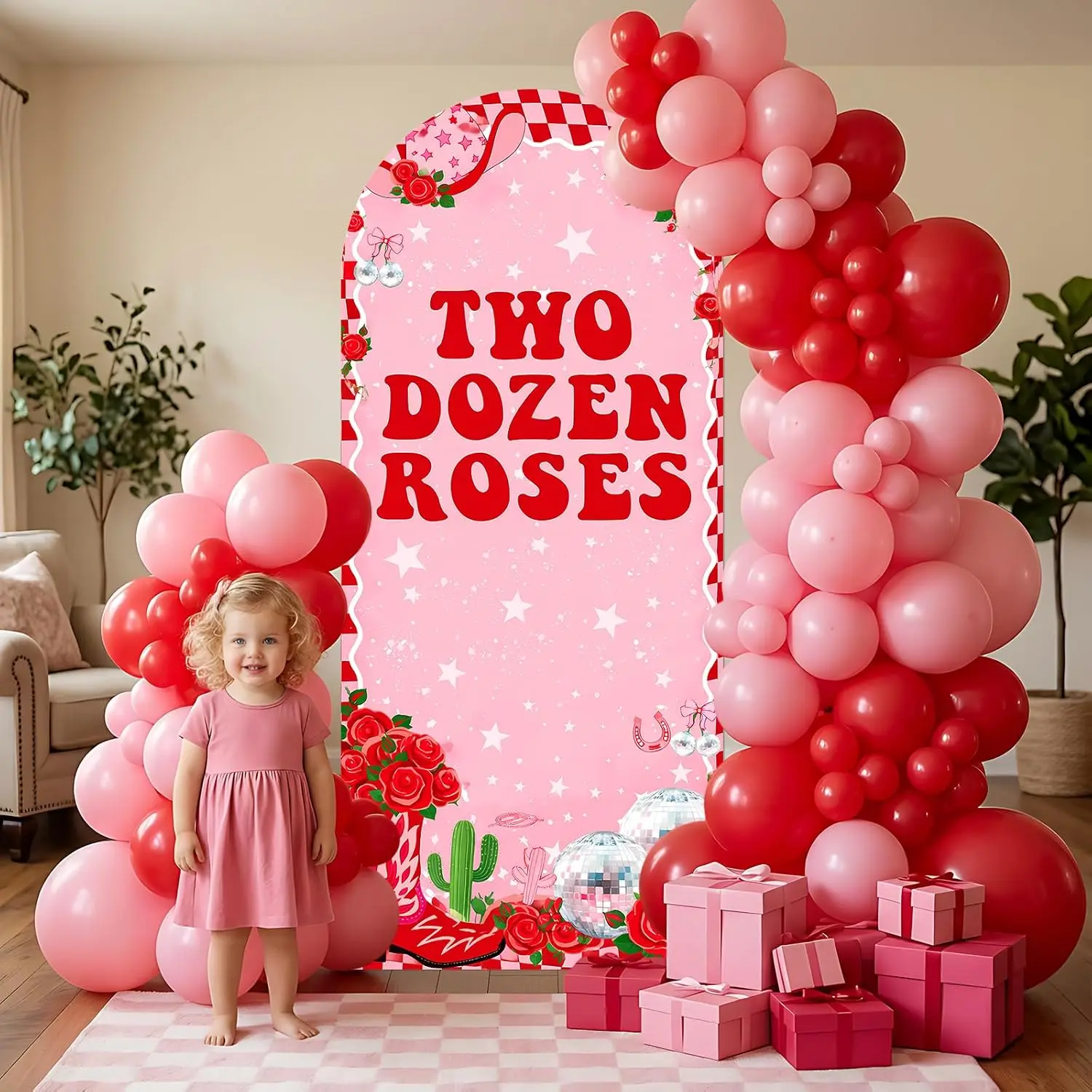 Custom 2-sided Two Dozen Roses Birthday Theme Arch Backdrop Cover Western Disco Cowgirl Dessert Table Background DIY Age Text