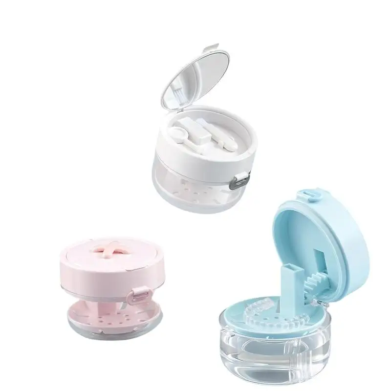 New 3 In 1 Portable Double Layer Denture Case With Cleaning Brush Donut Shaped Retainer Braces Storage Organizer