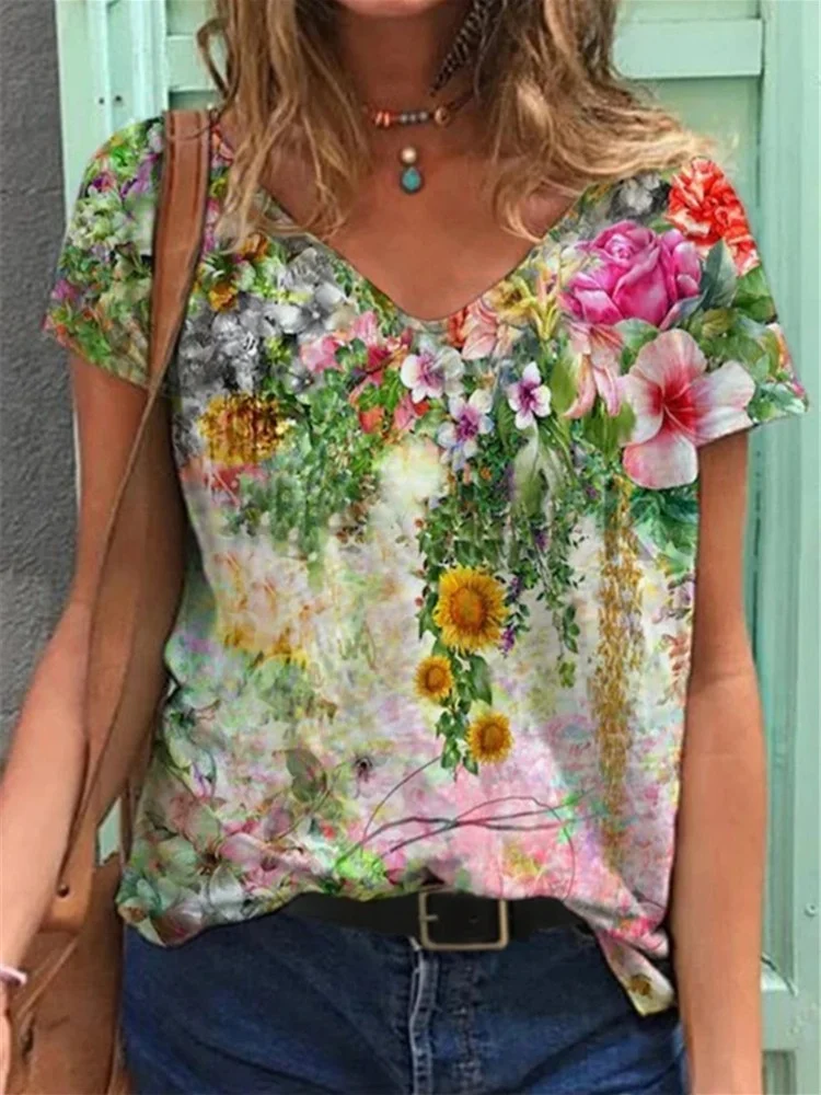 

2023 New Women Summer Casual Sle Harajuku Print T-irts Loose Fit Polyester ort Sve Tees for Ladies Faionable