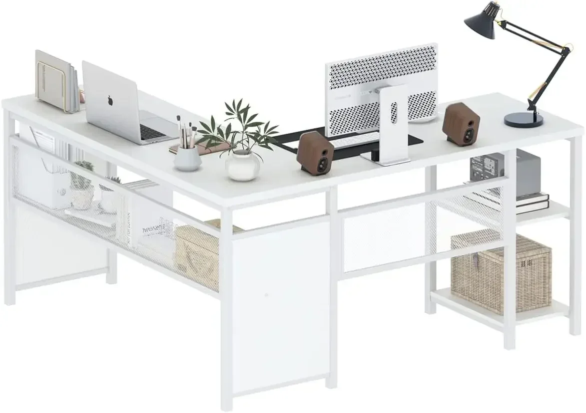 FATORRI L Shaped Computer Desk, Reversible Modern Corner Desk for Home Office, Rustic Wood and Metal Desk with Storage, White Oa