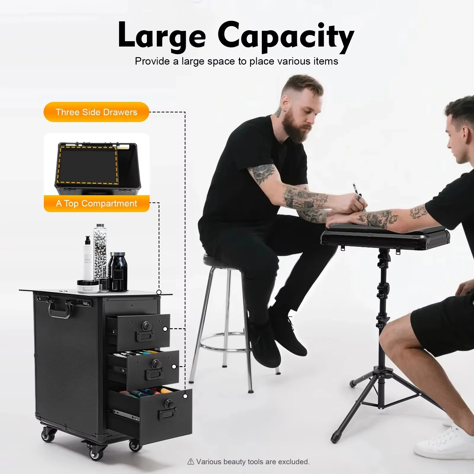 2 in1 Black Tattoo Travel Case Tattoo Carrying Case Tattoo Workstation Portable with Tattoo Armrest Stand&3 Drawers