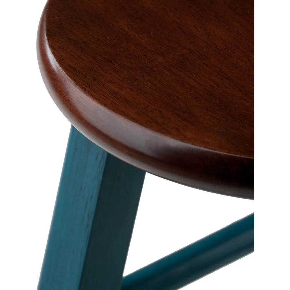 Stołek z rustykalnego drewna w kolorze turkusowym z wykończeniem antycznym - solidne kwadratowe nogi, gładkie okrągłe siedzisko do dekoracji wnętrz