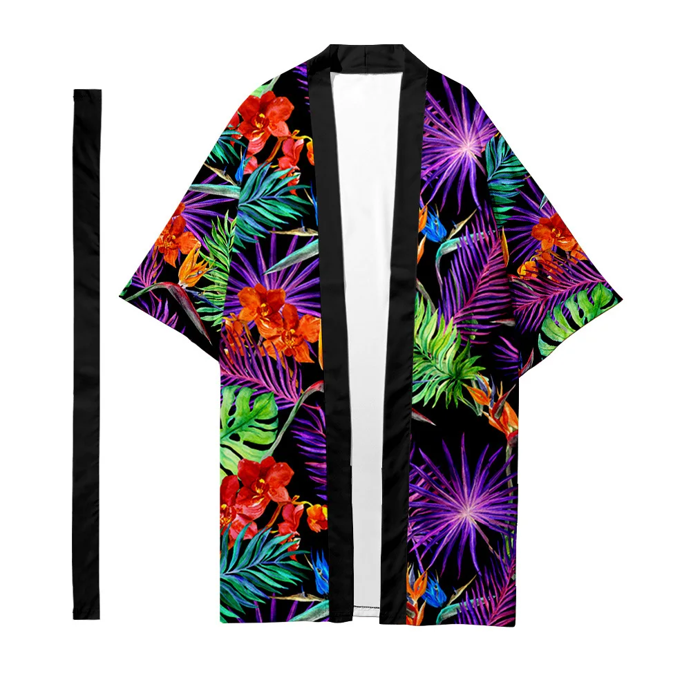 

Men's Japanese Traditional Ethnic Long Kimono Cardigan Women's Kimono Tropical Plant Pattern Kimono Shirt Yukata Jacket