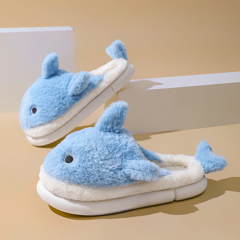 Winter Men's Fun Shark Slippers Indoor Home Cartoon Cotton Shoes Short Plush Warm Cute Non-Slip Couple Flat House Casual Shoes