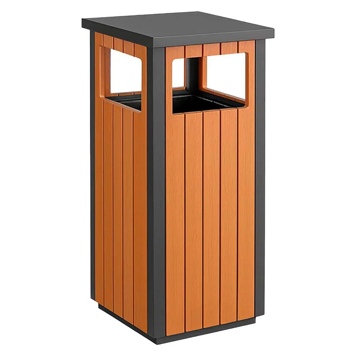 

11 Gallon Commercial Outdoor Trash Can with Covered Top - Heavy Duty Steel and Wood Composite Garbage Bin - Decorative, Custom