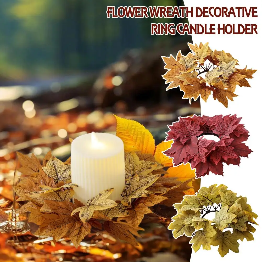 NEW High-end 2PC Fall Maple Leaf Candlestick Wreath Garland Halloween Decoration Decor Artificial Candle Party Thanksg E4E9