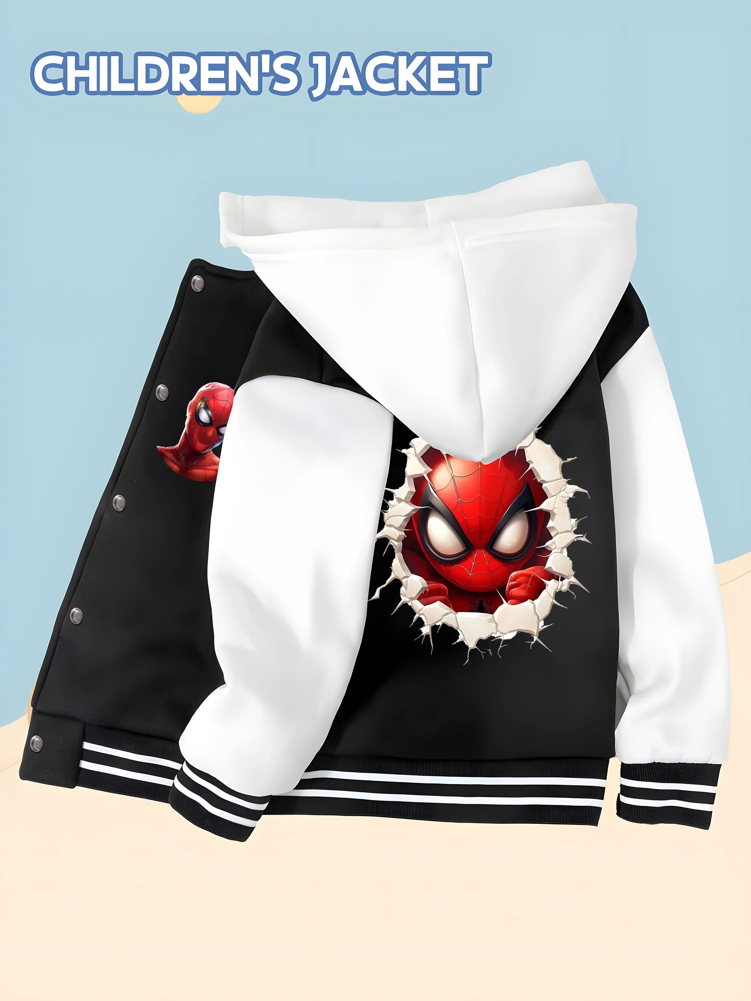 

MINISO Spider-Man boys' baseball jacket with a cute hero pattern, a hooded baseball style, and a trendy design and comfortable f