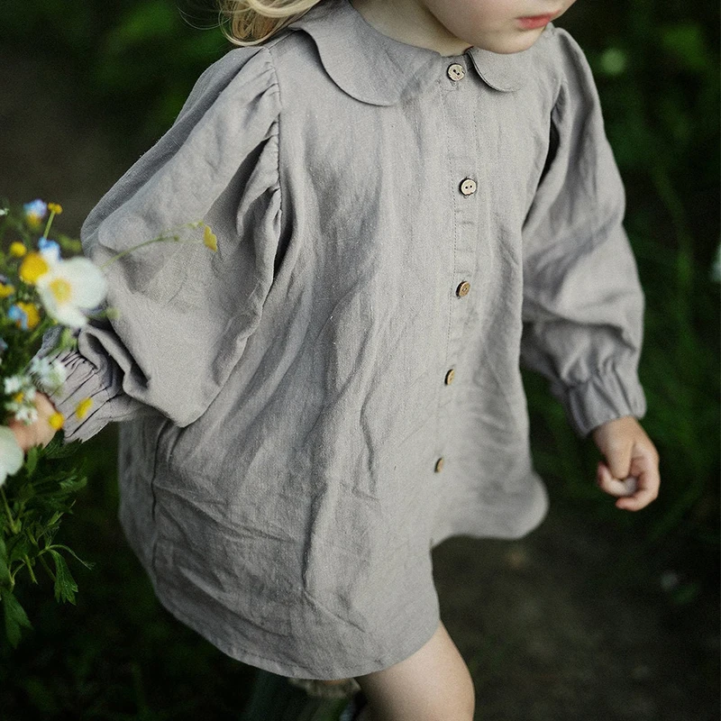 Autumn Retro Girls Long-Sleeve Cotton And Linen Shirts With Buttons New Baby Girl Casual Doll Collar Lantern Sleeve Tops TZ151