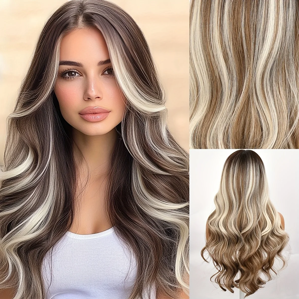 26-inch Brown Ombre Women's Wig, Heat Resistant, Soft Waves, Daily Long Hair Style