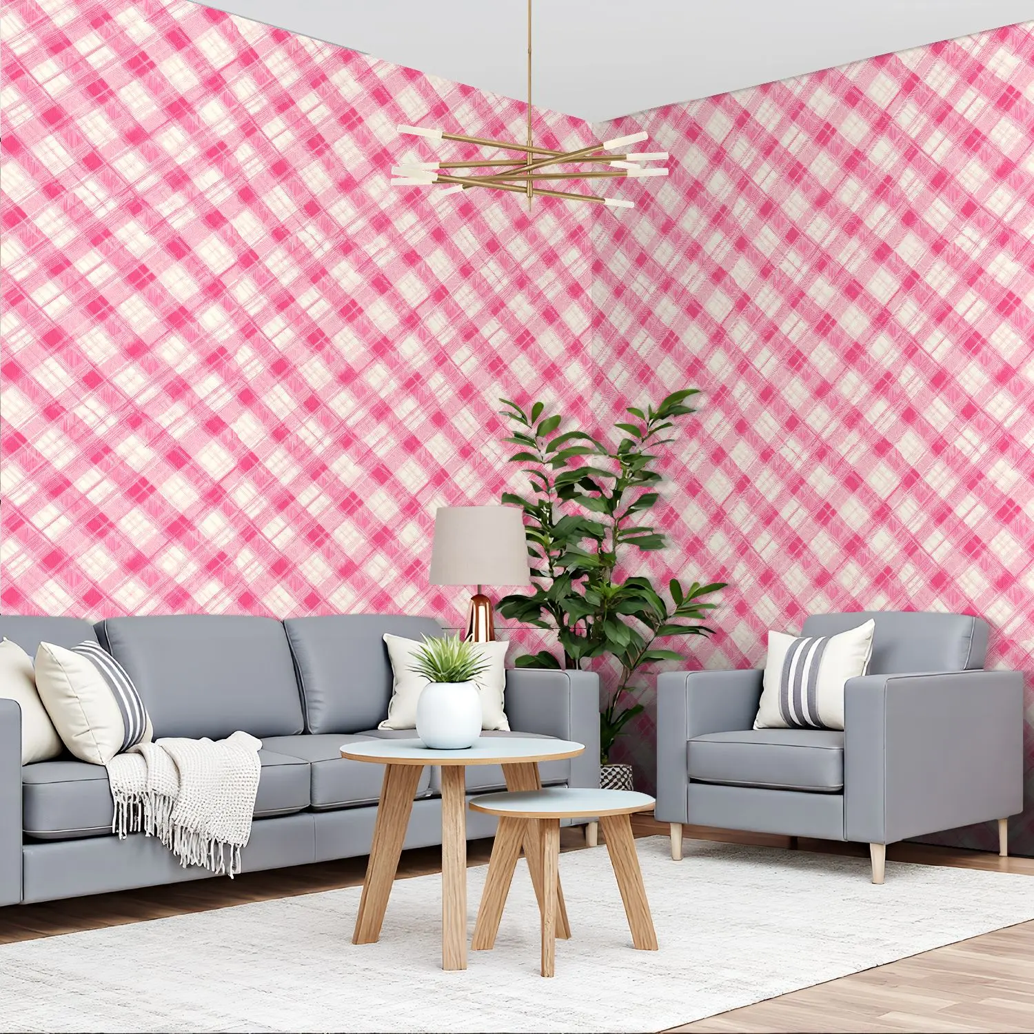 

Розовые клетчатые обои с перекрещивающимися линиями 22,83 "X 118" водонепроницаемые обои для гостиной/спальни/ванной комнаты, наклейка на стену из ПВХ