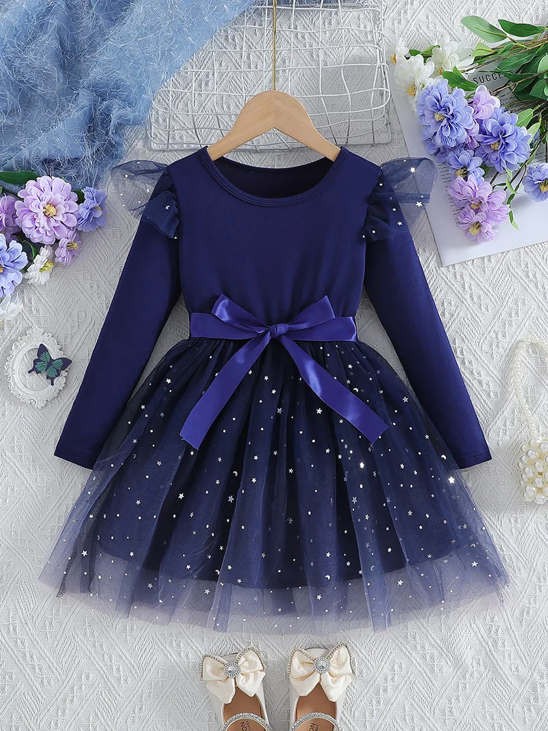 Spring Girls\' Long Sleeve Dress 2-6Y Cute Children\'s Sequin Stars Sky Mesh Princess Dress Autumn Kid\'s Clothes Girls Outfit