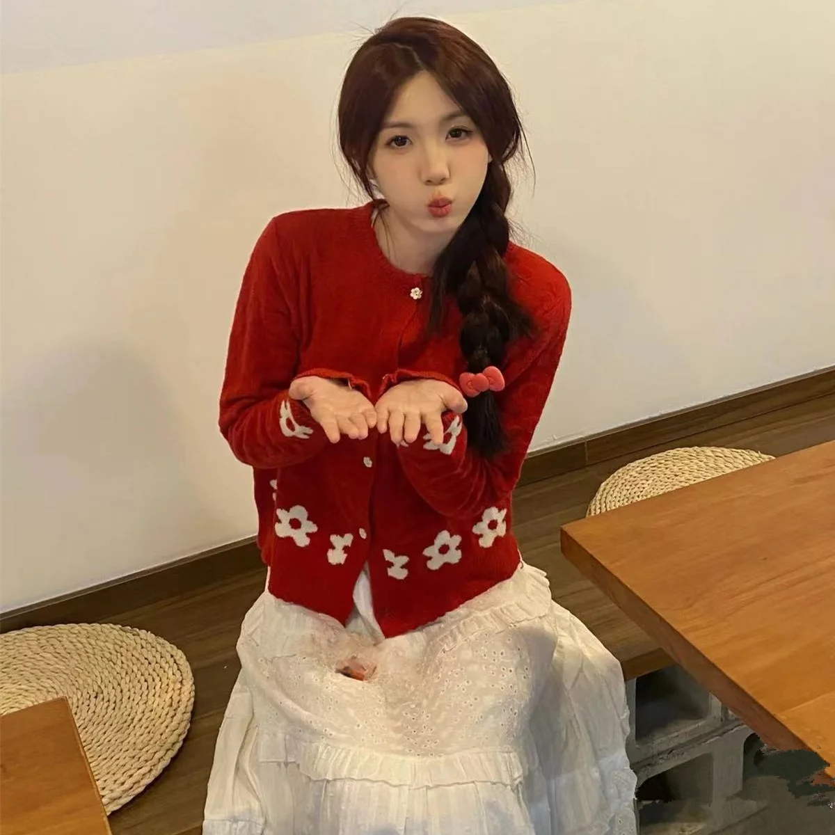 

Красный вязаный ор-свитер, кардиган, цветочный дизайн, цветная блузка, ранняя осень, женский модный теплый топ Thiened Long Sve