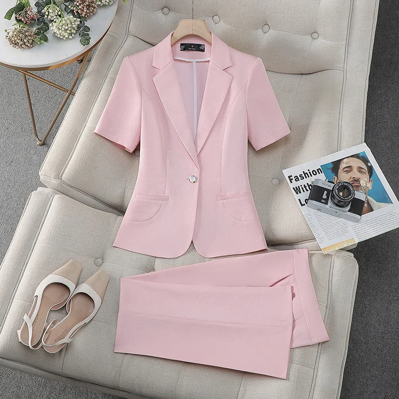 2025New Summer Small Blazer Jacket for Women Short Sleeve Professional Pants Two-Piece Set Workwear Fashionable Elegant