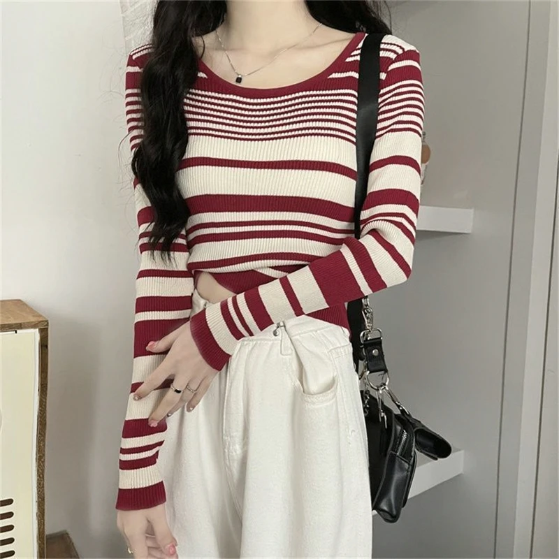 T-shirt lunga Sve a righe retrò Maglieria da donna Faion Abbigliamento interno Slim Fit Or Sle Top Primavera Autunno Stagione