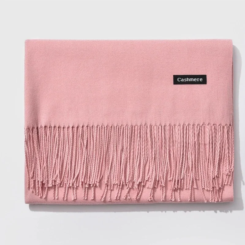 Winter Women's Pink Scarf with Tassel Decoration Solid Color Versatile Warm Cashmere-Like Wrap for All Seasons 6