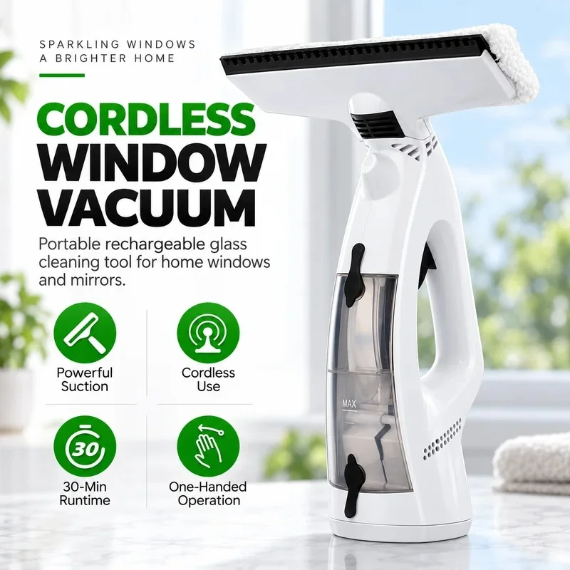 Rechargeable 3-in-1 Cordless Window Squeegee Vacuum Cleaner, Spray Wipe & Suction Function, for Windows Mirrors Shower Doors