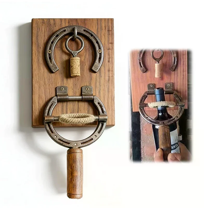Rustic Horseshoe Wine Opener  Wall Mounted, Vintage Industrial Decor Wine Bottle Opener & Unique Gift For Kitchen