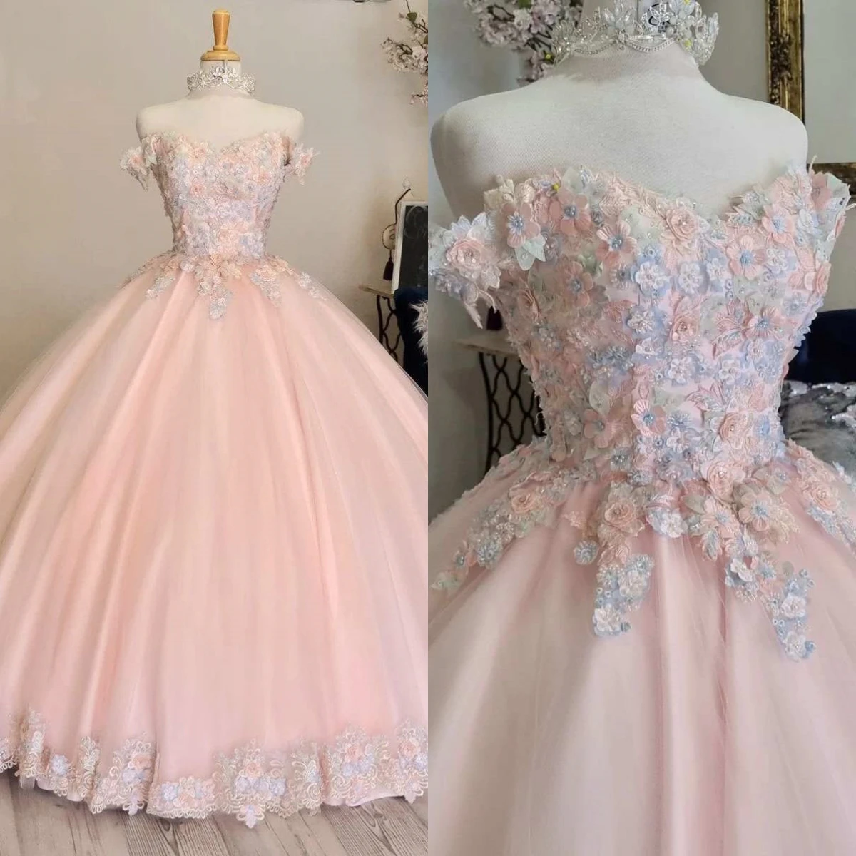 

Lovely Ball Gown Prom Dresses Appliques Flowers Lace Party Dresses Strapless Plus Size Custom Size Colour vestidos de festa