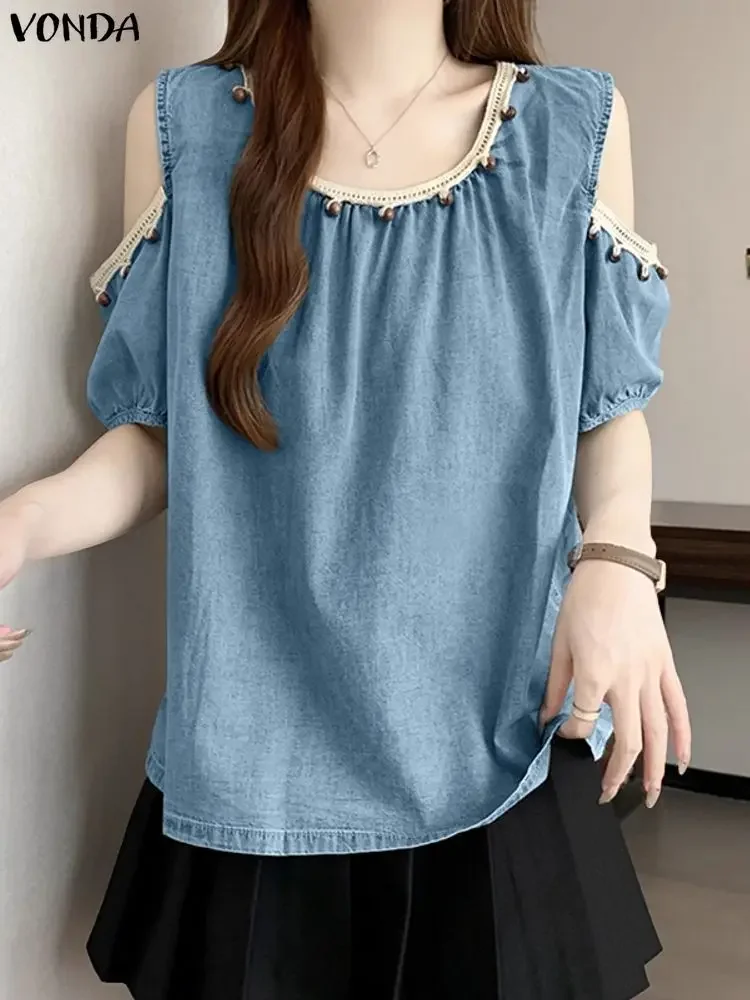 VONDA Women Blouse Sexy Cold Shoulder Solid Short Sleeve Tunic Tops 2025 Summer Casual Loose Fashion Shirts Elegant Office Blusa