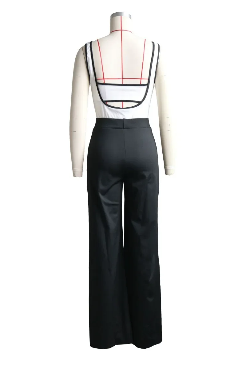 Fashion Women 2 Piece Set Strapless Crop Top Color Patchwork Buttons 2024 Spaghetti Straps Wide Leg Pants Jumpsuits Streetwear image 5