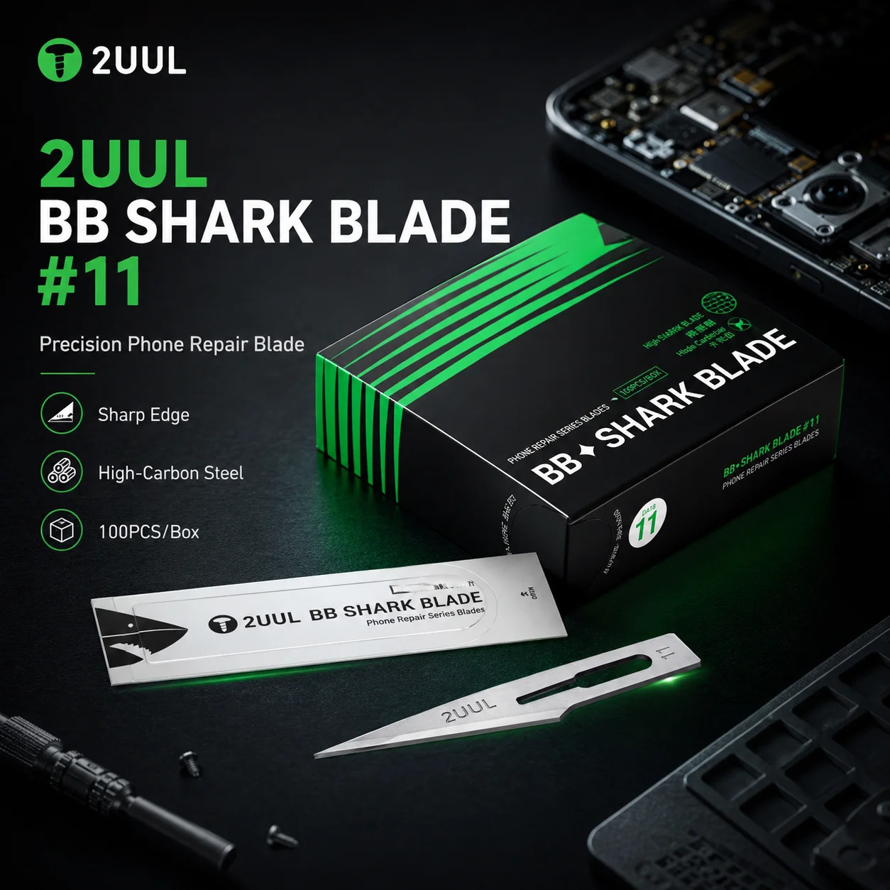 2UUL BB Shark Blade #11 100PCS/Box High Carbon Steel Sharp Edge Cutting Engraving Blades for Phone Motherboard PCB Repair Tools