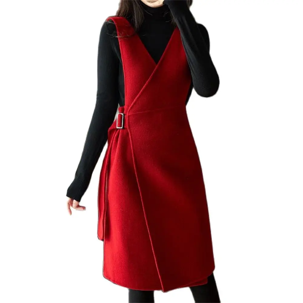 Robe rouge fendue pour femme, taille fine, laçage, col en fibre de V, style bureau, robes élégantes, automne, nouveau, 2024