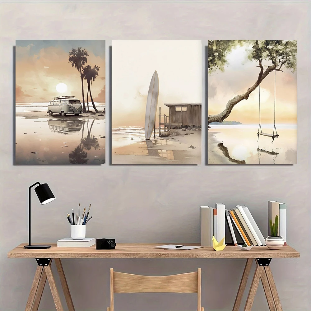 3pcs Boho Sun Lounger Abstract Beach Landscape Sea Sunset Paddle Board Canvas Painting Poster Print Home Room Wall Art