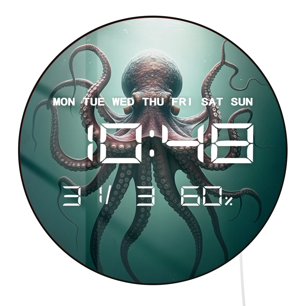 Octopus with Eight Tentacles Digital Wall Clock with LED Display Calendar Temperature Auto Dimming 12/24hr Electronic Wall Clock