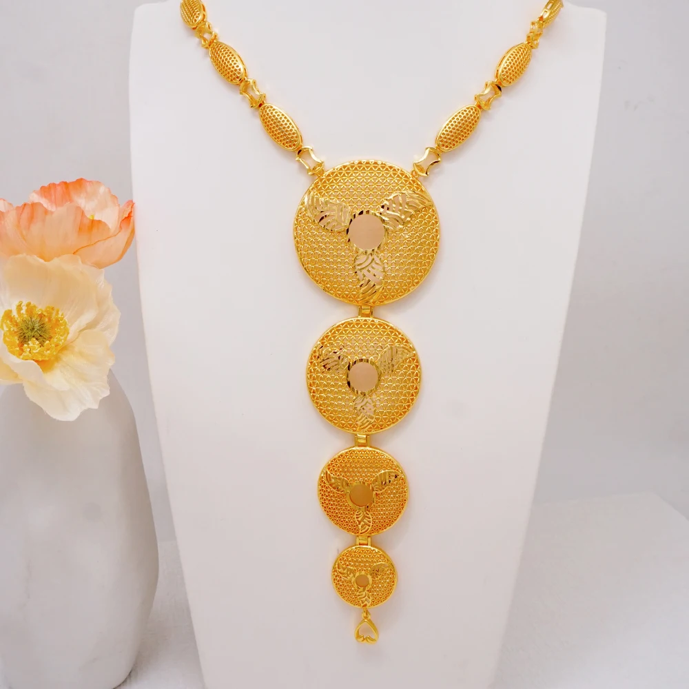 Indian Dubai Gold Color Round Long Necklace Earrings Ring Jewelry Set For Women African Nigerian Ethiopian Arab Jewellery Gift