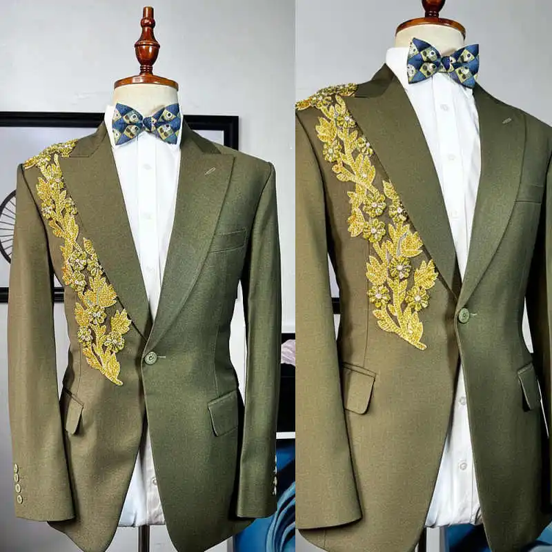

Handsome Men's Suits Customized 2 Pieces Peaked Lapel One Button Jacket Sets Loose Fit Appliques Dinner Party Wear