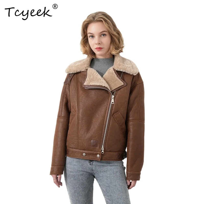 Tcyeek Real Sheepskin Autumn Winter Trendy Retro Motorcycle Caramel Color Short Women's Shearing Wool Fur Coat Manteau Femme