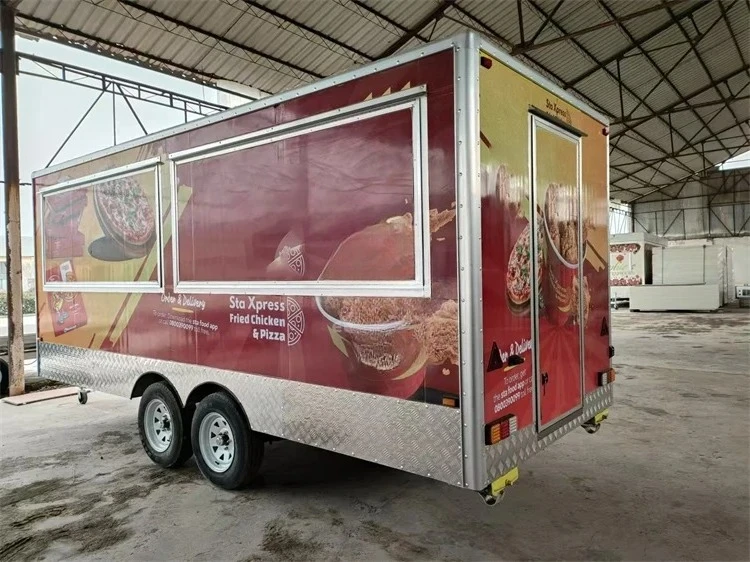 

Yellow Square Mobile Food Trailer Truck with Full Logo Sticker Mobile Sushi Ice Cream Bakery Food Kiosk Cart for Snack Food