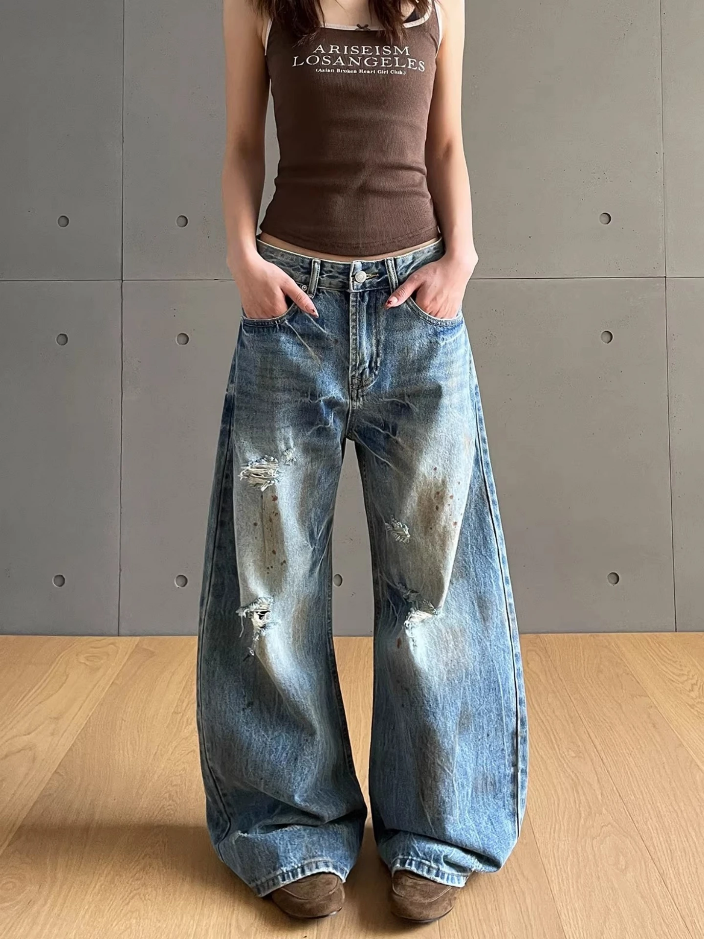 

Ripped High Waist Wide Leg Denim Jeans Women's Loose Fitting Vintage Sle Casual Straight Cut Blue Jeans Street Faion