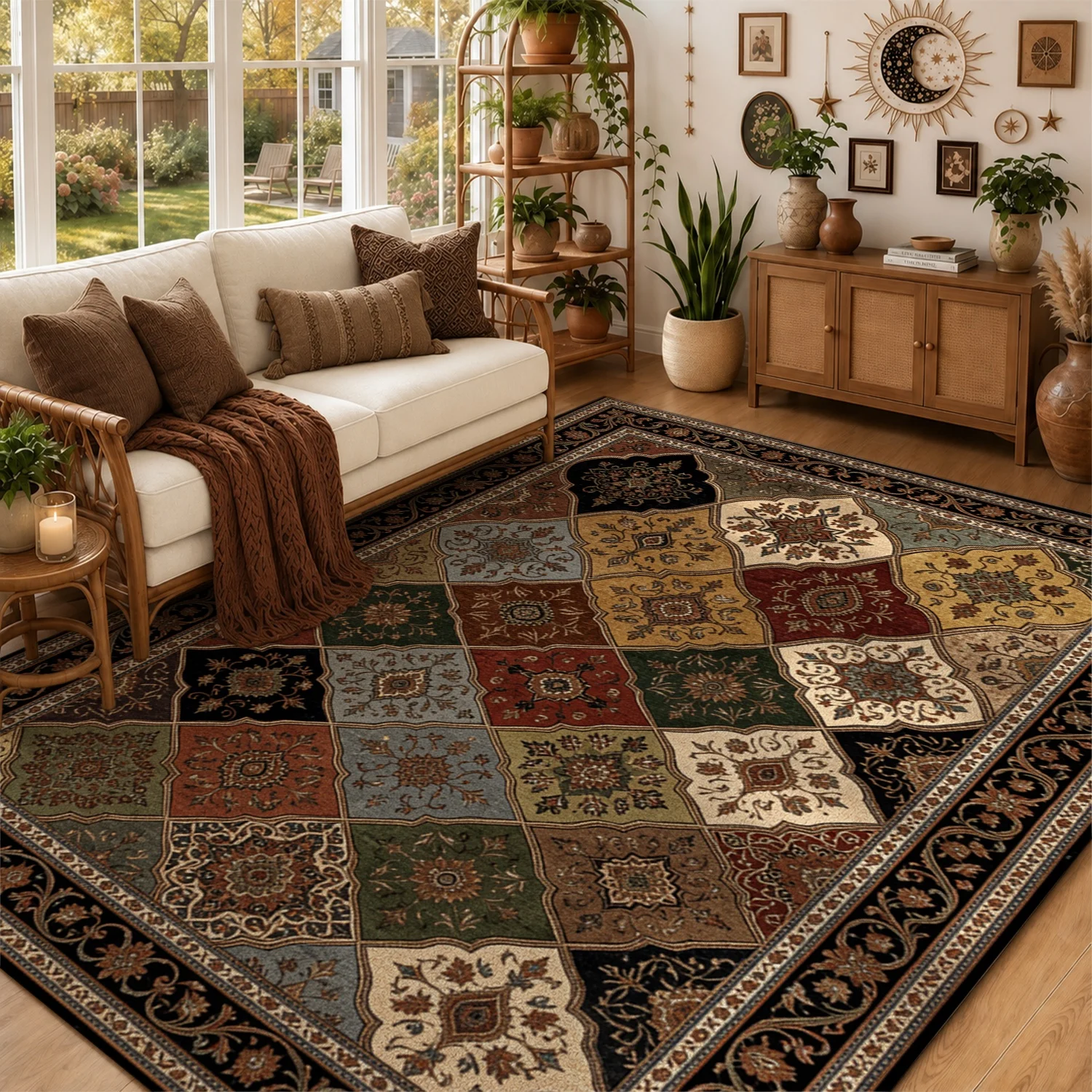 Vintage Traditional Persian Patchwork Floral Area Rug, Velvet Material, Machine Washable, Ideal for Living Room, Bedroom, Dining Room, Entryway, Perfect for Halloween, Thanksgiving, Christmas, New Year, Black Friday, Cyber Monday Home Decor