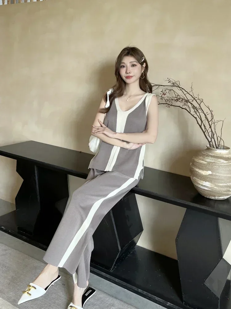 Korean Fashion Women\'s Set 2024 Summer New V-neck Sleeveless Split Knitted Tank Top and Wide Leg Long Pants Two Piece Set