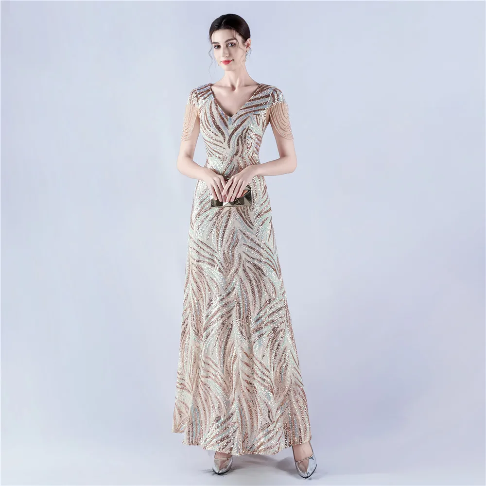

Luxury A Line V Neck Sequins Evening Dresses with Beads Elegant Women's Party Dresses for Special Occasions Dress Vestidos