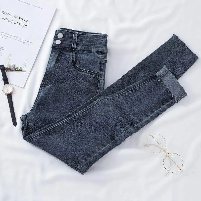 

Джинсы с высокой талией и двойным синим билем, женские утягивающие эластичные брюки 202, новые осенние узкие укороченные брюки до щиколотки, зауженные леггинсы