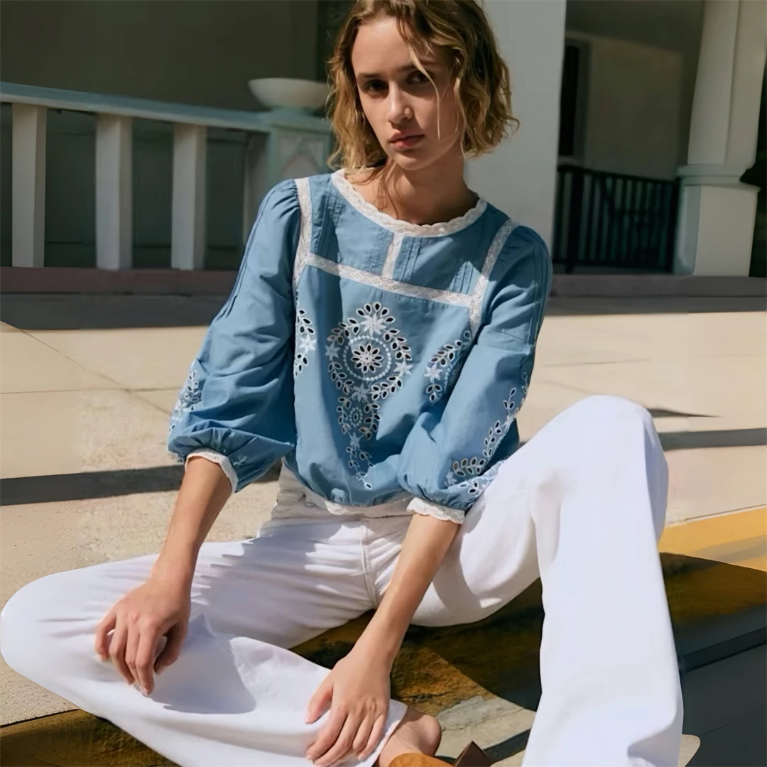 

Paris Seza Short Sleeve Embroidered Shirt French Style Loose Fit Cotton Bubble Sleeve round Neck Women's Spring Fashion Shirt