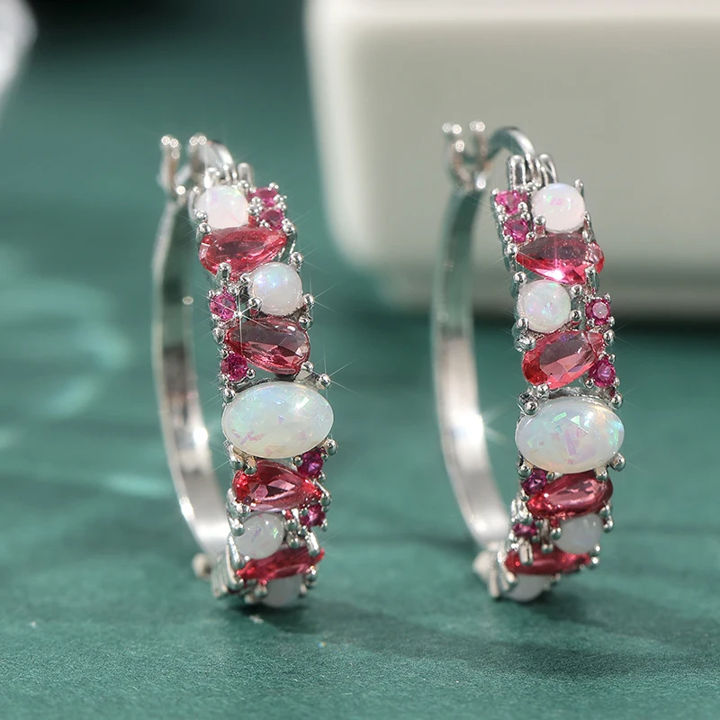 Exquisite silberfarbene, mit rosa Zirkon eingelegte, opalimitierende Damenohrringe, modische Verlobungs-Ohrringe für Damen – Detail 4