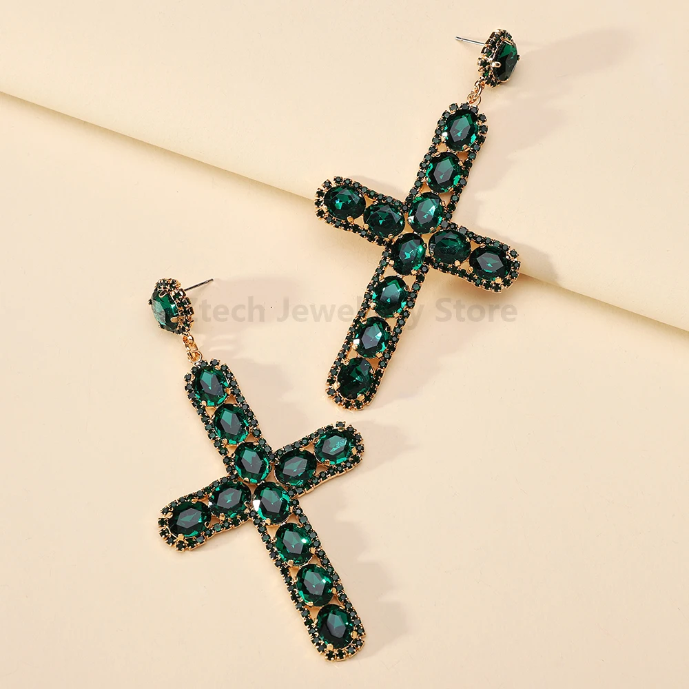 Fashion Shiny Crystal Decor Cross Dangle Drop Earrings For Women Luxury Vintage Design Classic Versatile Jewelry Accessories