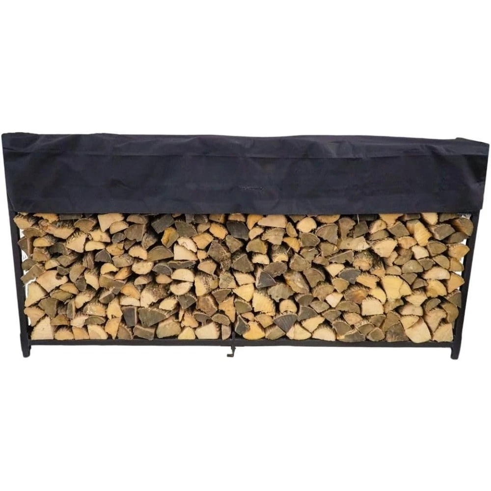 8' Firewood Rack with Cover - Black - Steel Outdoor Log Holder With Cover - Great For Short Wood , Made In The USA