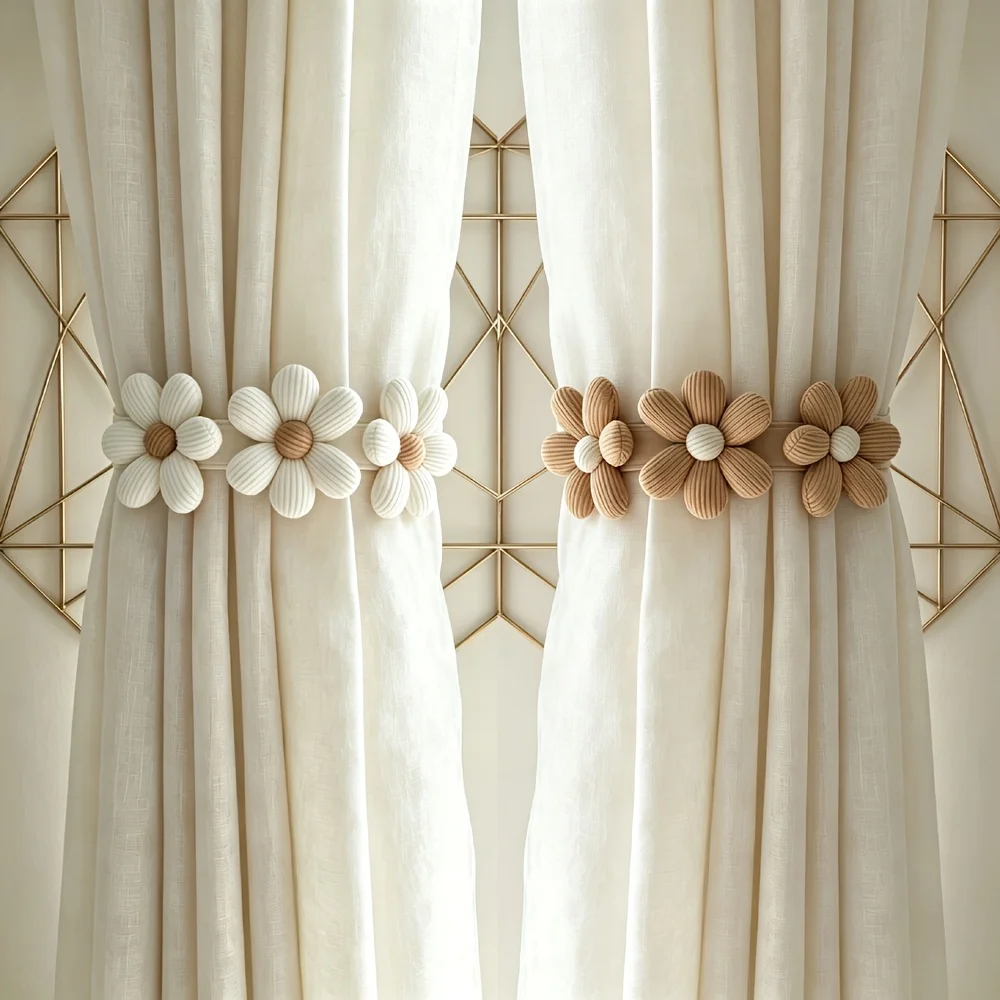 1Pc Boho Daisy Floral Tassel Curtain Tieback, Elastic Ivory Cream Curtain Hook Ring, Easy Installation Home Decor