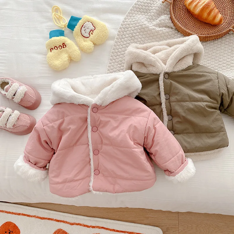 New Children Cotton Clothes Autumn Winter 0-5y Girl Baby Plus Velvet Thicken Hooded Warm Coat Kid Boy Simple Fashion Tops Jacket