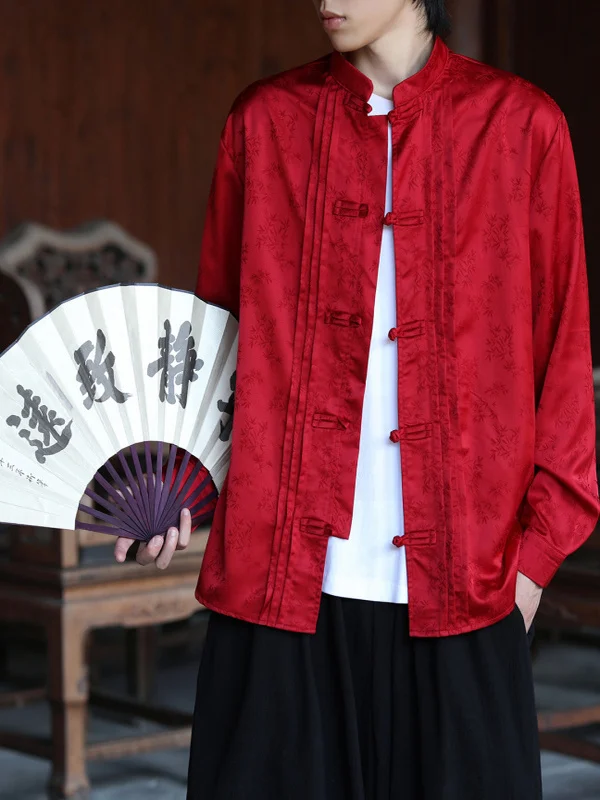 

New Chinese Style Men's Tang Suit Long Sleeve Ice Silk Shirt Retro Button Hanfu Large Size Stand Collar Inner Wear Casual Shirt
